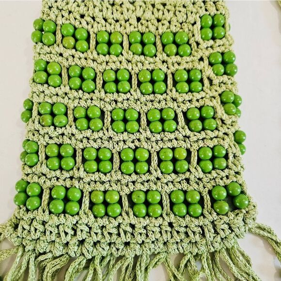 Vintage Walborg 1960's Green Wood Beaded Tasseled Crochet Cinch Top Bag Purse - Picture 3 of 9